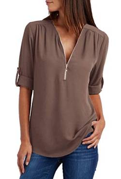 ZIOOER Damen Chiffon Blusen Elegante Reißverschluss Langarmshirts Bluse Tunika Oberteile T-Shirt V-Ausschnitt Tops Kaffee M von ZIOOER