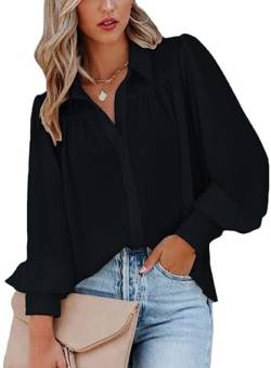 ZIOOER Damen Elegant Bluse Lässig Einfarbig V-Ausschnitt Tops Oberteile Frauen Hemd Blusen Shirt Tops Loose Fit Schwarz XL von ZIOOER