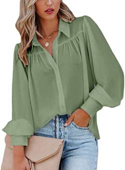 ZIOOER Damen Langarm Hemd Elegant V-Ausschnitt Bluse Leicht Atmungsaktiv Einfarbig Lose Blusen Button-Down Hellgrün XL von ZIOOER