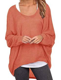 ZIOOER Damen Pulli Fledermausärmel T-Shirt Lose Asymmetrisch Jumper Bluse Langarmshirts Hemd Pullover Sweatshirt Oberteil Oversize Tops G1 Orange M von ZIOOER