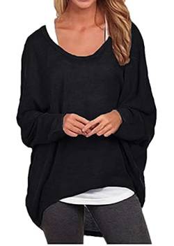 ZIOOER Damen Pulli Fledermausärmel T-Shirt Lose Asymmetrisch Jumper Bluse Langarmshirts Hemd Pullover Sweatshirt Oberteil Oversize Tops G1 Schwarz 3XL von ZIOOER