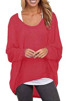 ZIOOER Damen Pulli Fledermausärmel T-Shirt Lose Asymmetrisch Jumper Bluse Langarmshirts Hemd Pullover Sweatshirt Oberteil Oversize Tops Rot 3XL von ZIOOER