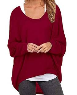 ZIOOER Damen Pulli Fledermausärmel T-Shirt Lose Asymmetrisch Jumper Bluse Langarmshirts Hemd Pullover Sweatshirt Oberteil Oversize Tops Weinrot L von ZIOOER