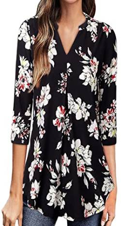 ZIOOER Damen V-Ausschnitt Bluse 3/4 Ärmel Tops Lässige Tunika Bluse Arbeitshemden Freizeitbluse Blume Schwarze XL von ZIOOER