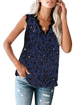 ZIOOER T-Shirt Damen Sommer Casual Tanktop Top Ärmellose V-Ausschnitt Spitze Weste T Shirts Blusen Leopard-Blau M von ZIOOER