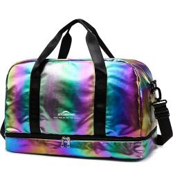 ZIOSINM Sporttasche Damen 40L Kleine Reisetasche Weekender, Glitzer Sporttasche mit Schuhfach und Nassfach, Saunatasche Schwimmtasche Trainingstasche Fitnesstasche Gym Travel Bag (Regenbogen) von ZIOSINM