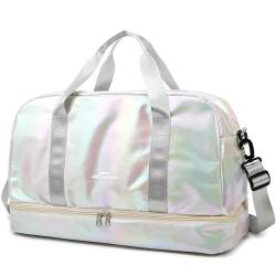 ZIOSINM Sporttasche Damen 40L Kleine Reisetasche Weekender, Glitzer Sporttasche mit Schuhfach und Nassfach, Saunatasche Schwimmtasche Trainingstasche Fitnesstasche Gym Travel Bag (Weiß) von ZIOSINM