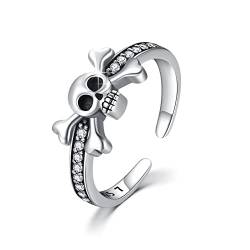 Totenkopf Ring/Halskette/Ohrringe für Damen 925 Sterling Silber Schädel Einstellbare Ringe Retro Gotik Ring Schmuck Geschenk für Männer Herren (Totenkopf-R) von ZIPPICE