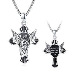 ZIPPICE Saint Gabriel Halskette 925 Sterling Silber Kreuzkette Erzengel Gabriel Anhänger Schild Halskette Amulett Halskette Schmuck für Männer und Frauen 20 "+ 2" Edelstahl Kette von ZIPPICE