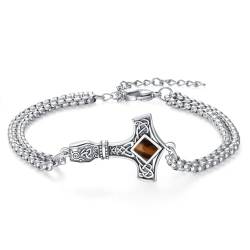 ZIPPICE Thors Hammer Armband 925 Sterling Silber Mjölnir Armband Armbänder Damen Keltischer Knoten Nordische Wikinger Armband Unisex Schmuck Schmuck für Frauen (Tigerauge Stein) von ZIPPICE