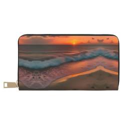 Außergewöhnlich lange Kunstleder-Reisebrieftasche mit Reißverschluss für Damen mit Herbstmuster, Sonnenuntergang am Strand, Einheitsgröße von ZISHAK