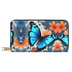 Blütenblatt Druck außergewöhnliche lange Kunstleder Reisebrieftasche mit Reißverschluss für Frauen, blue butterfly, One Size von ZISHAK