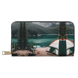 Reisebrieftasche aus Kunstleder mit Holz-Scheunen-Motiv, außergewöhnlich, lang, mit Reißverschluss, entworfen für Damen, Serenity Lake Camping, Einheitsgröße von ZISHAK