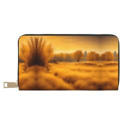 Reisebrieftasche aus Kunstleder mit transparentem Himmelswellen-Druck, außergewöhnlich lang, mit Reißverschluss, entworfen für Damen, Herbstliche goldene Graslandschaften, Einheitsgröße von ZISHAK