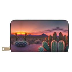 Reisebrieftasche aus Kunstleder mit transparentem Himmelswellen-Druck, außergewöhnlich lang, mit Reißverschluss, entworfen für Damen, Kaktus Desert Sunset, Einheitsgröße von ZISHAK