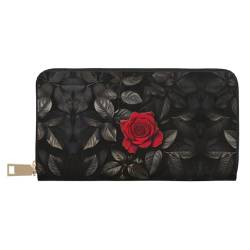 Roségold Marmor Druck außergewöhnliche lange Kunstleder Reisebrieftasche mit Reißverschluss für Frauen, Rote Rose und schwarze Blätter, One Size von ZISHAK