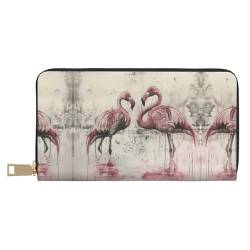 Süße braune Cartoon-Eulen-Druck, außergewöhnlich lange Kunstleder-Reisebrieftasche mit Reißverschluss, entworfen für Frauen, Tinten-Flamingos, Einheitsgröße von ZISHAK