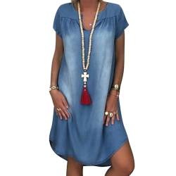 ZISTRCBAO Jeanskleid in Übergröße für Damen – einfarbig, sexy Denim-Kleid mit V-Ausschnitt, modisch, lässig, langes Kleid, Party, lockeres Kurzarm-Jeanskleid, Sommerkleid, Blau, XL von ZISTRCBAO