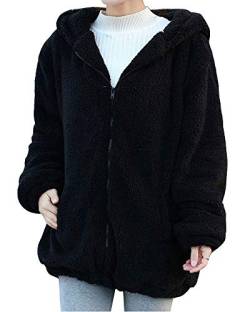 Damen Oversize Plüsch Teddybär Fleece Outwear Mantel Mit Kapuze Cartoon Sweatshirt Hoodie Kapuzenpullover mit Ohren und Schwanz Schwarz one Size von ZIXING Fashion