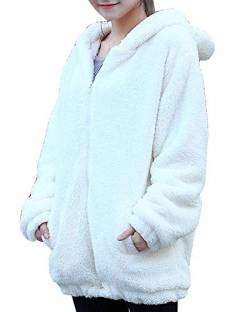 Damen Oversize Plüsch Teddybär Fleece Outwear Mantel Mit Kapuze Cartoon Sweatshirt Hoodie Kapuzenpullover mit Ohren und Schwanz Weiß one Size von ZIXING Fashion