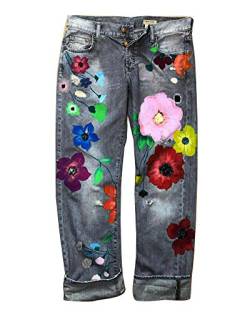 ZIXING Fashion Damen Blumen gedruckt Jeanshose Hohe Taille Fitted Jeggings-Hose Vintage Jeans Lang Lässig Baggy Boyfriend Hüftjean Schwarzgrau 3XL von ZIXING Fashion