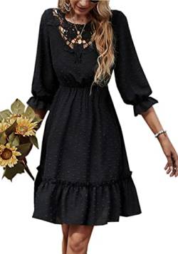 ZIYYOOHY Damen Casual Blusenkleid Chiffon Button V-Ausschnitt 3/4 Ärmel Freizeit Mini Sommerkleid Mit Gürtel (Schwarz, S) von ZIYYOOHY