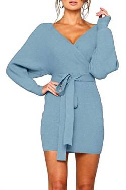 ZIYYOOHY Damen Elegant Strickkleid Pulloverkleid Tunika Kleid V-Ausschnitt Langarm Minikleid Mit Gürtel（251-BL XL） von ZIYYOOHY