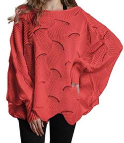 ZIYYOOHY Damen Pullover Oversize Knitted Rundhals Lose Pulli Strickpullover Outwear (L, Rot) von ZIYYOOHY