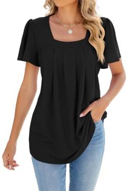 ZIYYOOHY Damen Sommer Bluse Kurzarm Elegant Spitze Ösen Spreizkragen mit Plissiert T-Shirt Tunika Oberteil Tops(6011-BK L) von ZIYYOOHY