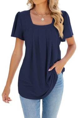 ZIYYOOHY Damen Sommer Bluse Kurzarm Elegant Spitze Ösen Spreizkragen mit Plissiert T-Shirt Tunika Oberteil Tops(6011-MB S) von ZIYYOOHY