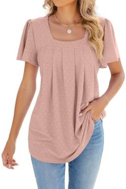 ZIYYOOHY Damen Sommer Bluse Kurzarm Elegant Spitze Ösen Spreizkragen mit Plissiert T-Shirt Tunika Oberteil Tops(6011-PK L) von ZIYYOOHY