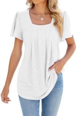 ZIYYOOHY Damen Sommer Bluse Kurzarm Elegant Spitze Ösen Spreizkragen mit Plissiert T-Shirt Tunika Oberteil Tops(6011-WH L) von ZIYYOOHY