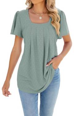 ZIYYOOHY Damen Sommer Bluse Kurzarm Elegant Spitze Ösen Spreizkragen mit Plissiert T-Shirt Tunika Oberteil Tops (16011 GN S) von ZIYYOOHY