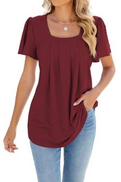 ZIYYOOHY Damen Sommer Bluse Kurzarm Elegant Spitze Ösen Spreizkragen mit Plissiert T-Shirt Tunika Oberteil Tops (16011 WR L) von ZIYYOOHY