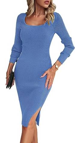 ZIYYOOHY Elegant Strickkleid Rippstrick Pulloverkleid Langes U-Ausschnitt Langarm Midikleid Party Kleid (L, Blau) von ZIYYOOHY