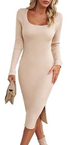 ZIYYOOHY Elegant Strickkleid Rippstrick Pulloverkleid Langes U-Ausschnitt Langarm Midikleid Party Kleid (M, Apricot) von ZIYYOOHY