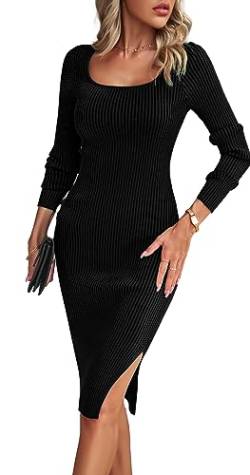 ZIYYOOHY Elegant Strickkleid Rippstrick Pulloverkleid Langes U-Ausschnitt Langarm Midikleid Party Kleid (S, Schwarz) von ZIYYOOHY
