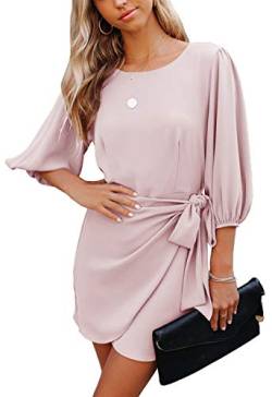 ZIYYOOHY Women's Casual Chiffon Dress Mini Dress 3/4 Sleeves Round Neck Elegant Summer Dress Beach Dresses A-line Casual Dress Cocktail Dress (36, Pink-3009) von ZIYYOOHY