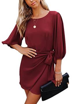 ZIYYOOHY Women's Casual Chiffon Dress Mini Dress 3/4 Sleeves Round Neck Elegant Summer Dress Beach Dresses A-line Casual Dress Cocktail Dress (L, Red Wine-3009) von ZIYYOOHY