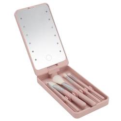 Make-up-Pinsel-Set in Reisegröße mit Etui und Spiegel, Foundation-Puder-Concealer-Lidschatten-Make-up-Set mit LED-Lichtspiegel, Kosmetikpinsel mit Drehbarem, Faltbarem LED-Spiegel von ZJchao