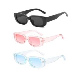 ZKSXOA 3 Stück Vintage Rechteckige Sonnenbrille Damen 90er Retro Sonnenbrillen Set Trendy Brille für Damen Herren,rosa, blau, schwarz von ZKSXOA