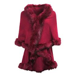 Damen Winter Faux Fur Poncho Warm Strick Kunstpelz Cape Cardigan (Rot),Einheitsgröße von ZLYC
