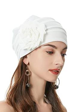 ZLYC Damen Beanie Mütze mit Blumen Elastischer Chemo Hut(Blumen Weiß) von ZLYC