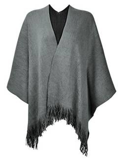 ZLYC Damen Herbst/Winter Weiche Schlichte Gestricktes Cashmere Poncho Capes Retro - Stil Cardigans Pullover Mantel mit Fransen, Grau, Einheitsgröße von ZLYC