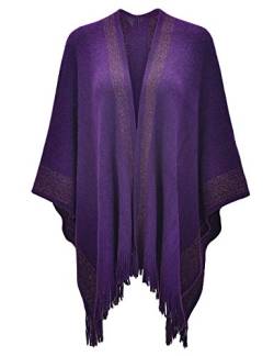 ZLYC Damen-Poncho mit goldenem Rand, gestrickte Decke, Poncho, Mantel, Cardigan (Violett),Einheitsgröße von ZLYC