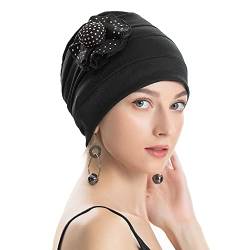 ZLYC Damen Summer Beanie Mütze Elastischer Chemo Hut mit Blumen(Festes Schwarz) von ZLYC