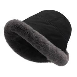 ZLYC Damen Winter Fischerhüte Hut Kunstpelz Cloche Hut mit Fleece Futter(Einfarbig Schwarz) von ZLYC