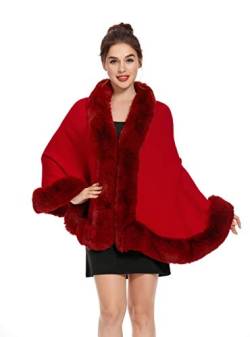 ZLYC Damen Winter Kunstpelz Poncho Cape Strick Schal Stola Warm Cardigan (Rot),Einheitsgröße von ZLYC