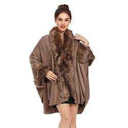 ZLYC Damen Winter Kunstpelz Poncho Cape Warm Umhang Faux Fur Kragen Mäntel Strickjacke(Kaffee) von ZLYC