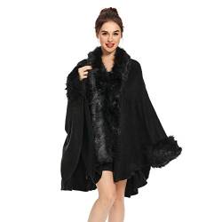 ZLYC Damen Winter Kunstpelz Poncho Cape Warm Umhang Faux Fur Kragen Mäntel Strickjacke(Schwarz) von ZLYC